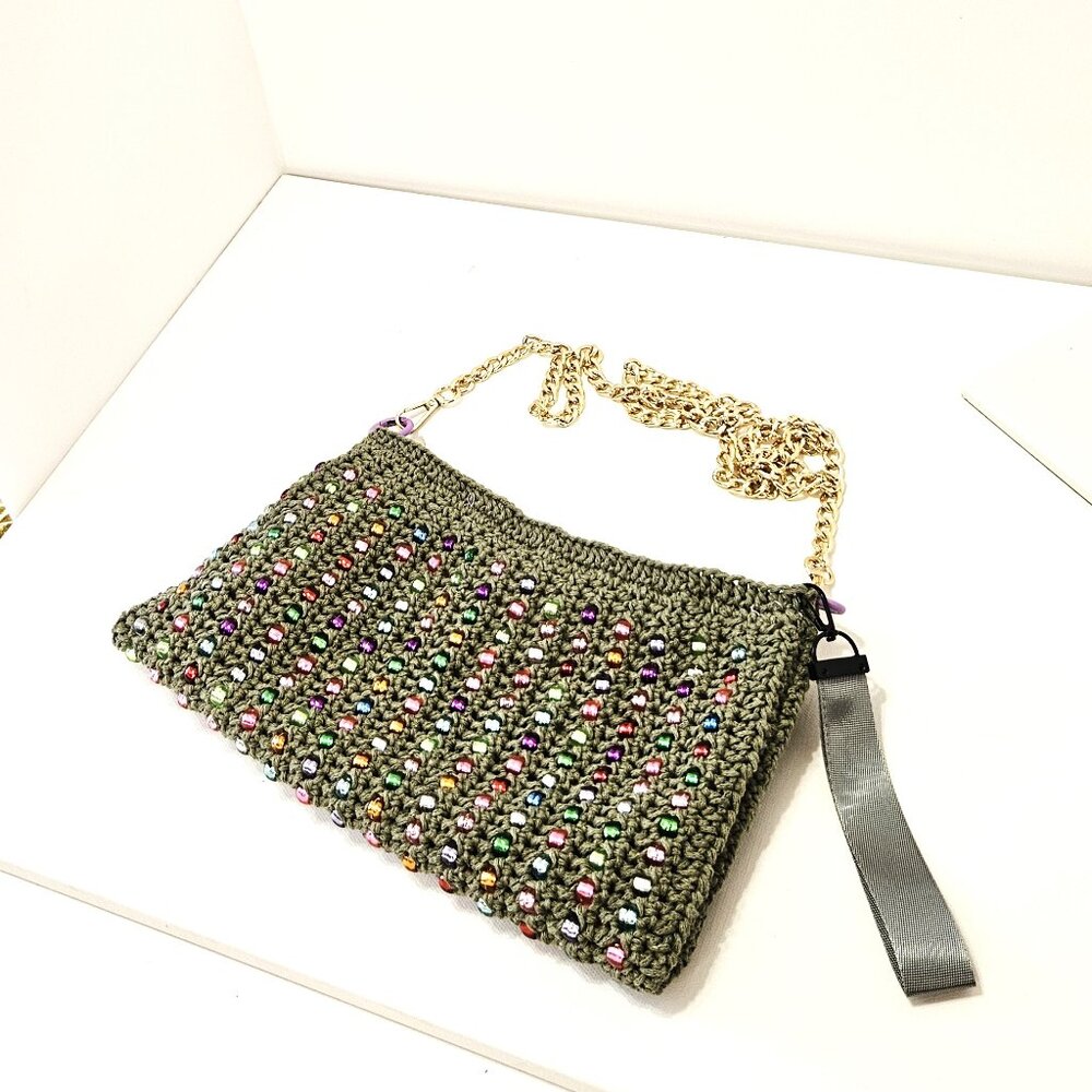 Sage Green Beaded Clutch with multi color Pony Beads and Wristlet Strap